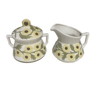 Ceramic Creamer & Sugar Bowl Embosse Yellow Green Flowers VTG Marked 1984